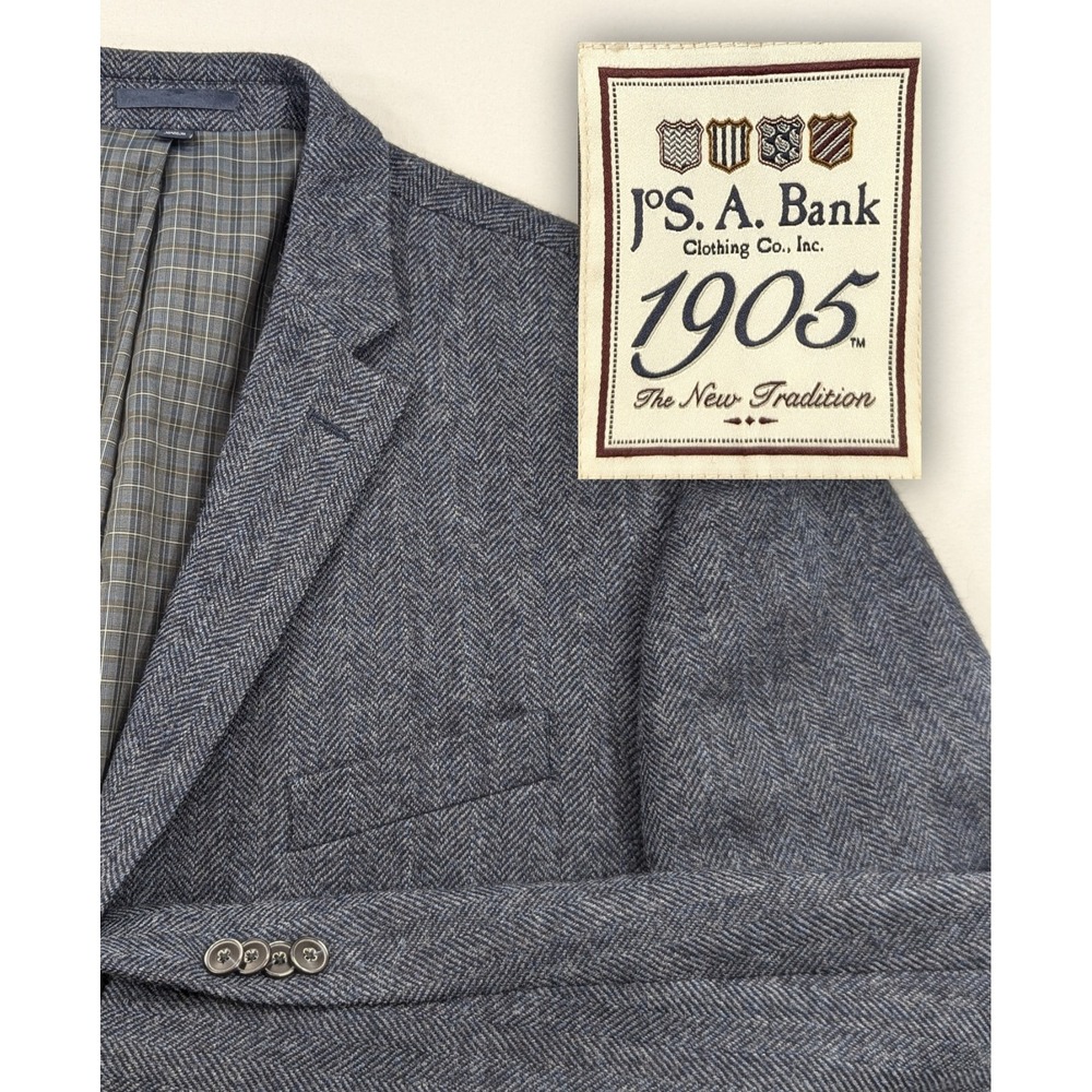 Jos. A. Bank 1905 Blazer Suit Jacket 100% Wool Sport Coat Herringbone Blue 46R